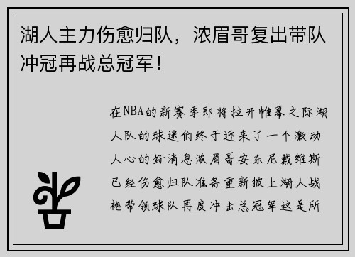 湖人主力伤愈归队，浓眉哥复出带队冲冠再战总冠军！
